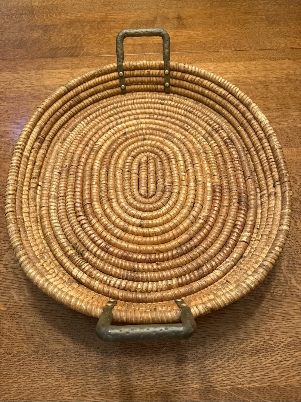 Pottery Barn Large Woven Rattan Serving Tray Brass Handles 20.75”x18.5” Oval